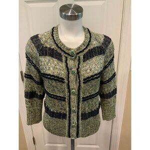 St. John Couture Green Striped Rainbow Knit Jewel Button Cardigan Size Small